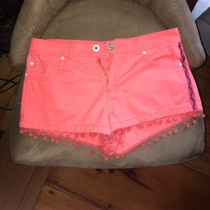 Brave Soul neon peach pom pom shorts w/ embroidery
